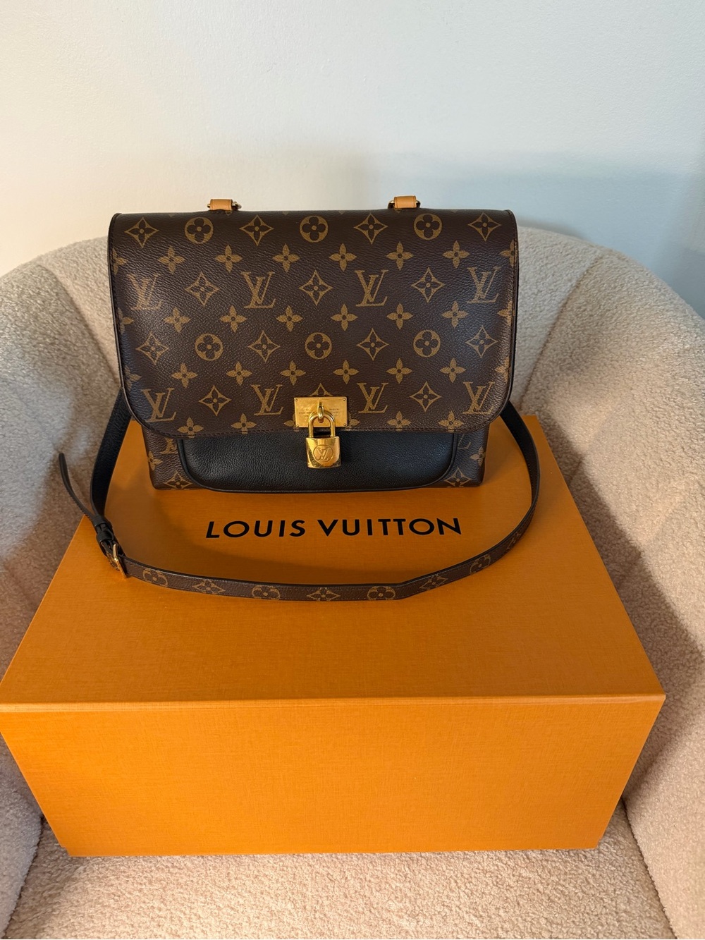 Louis Vuitton Marignan Monogram Canvas Shoulder Bag Black Leather Gold Hardware